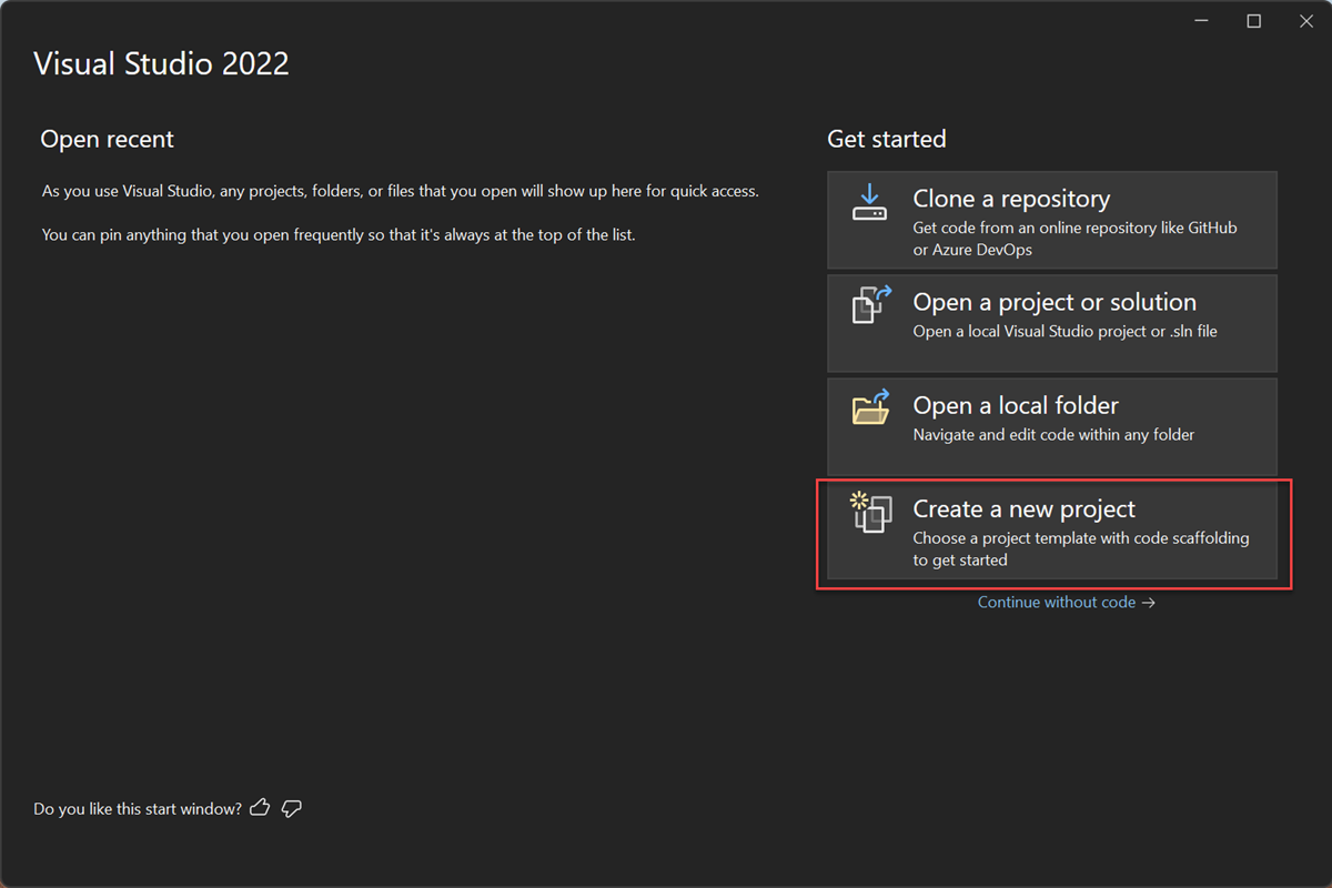 Visual Studio 2022 开始窗口中“创建新项目”选项的屏幕截图。