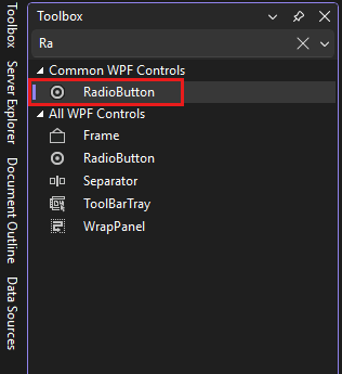 截图显示工具箱窗口，在常用 WPF 控件列表中选中了 RadioButton 控件。