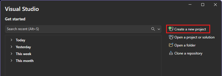  Visual Studio 中启动窗口的Screenshot，其中突出显示了“创建新项目”选项。