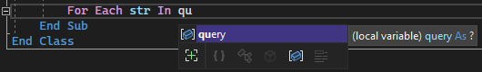  Visual Studio 代码编辑器中关于单词“query”的 IntelliSense 自动补全窗口的截图。
