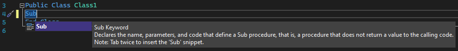Visual Studio 中 Sub 代码片段的 IntelliSense 截图。