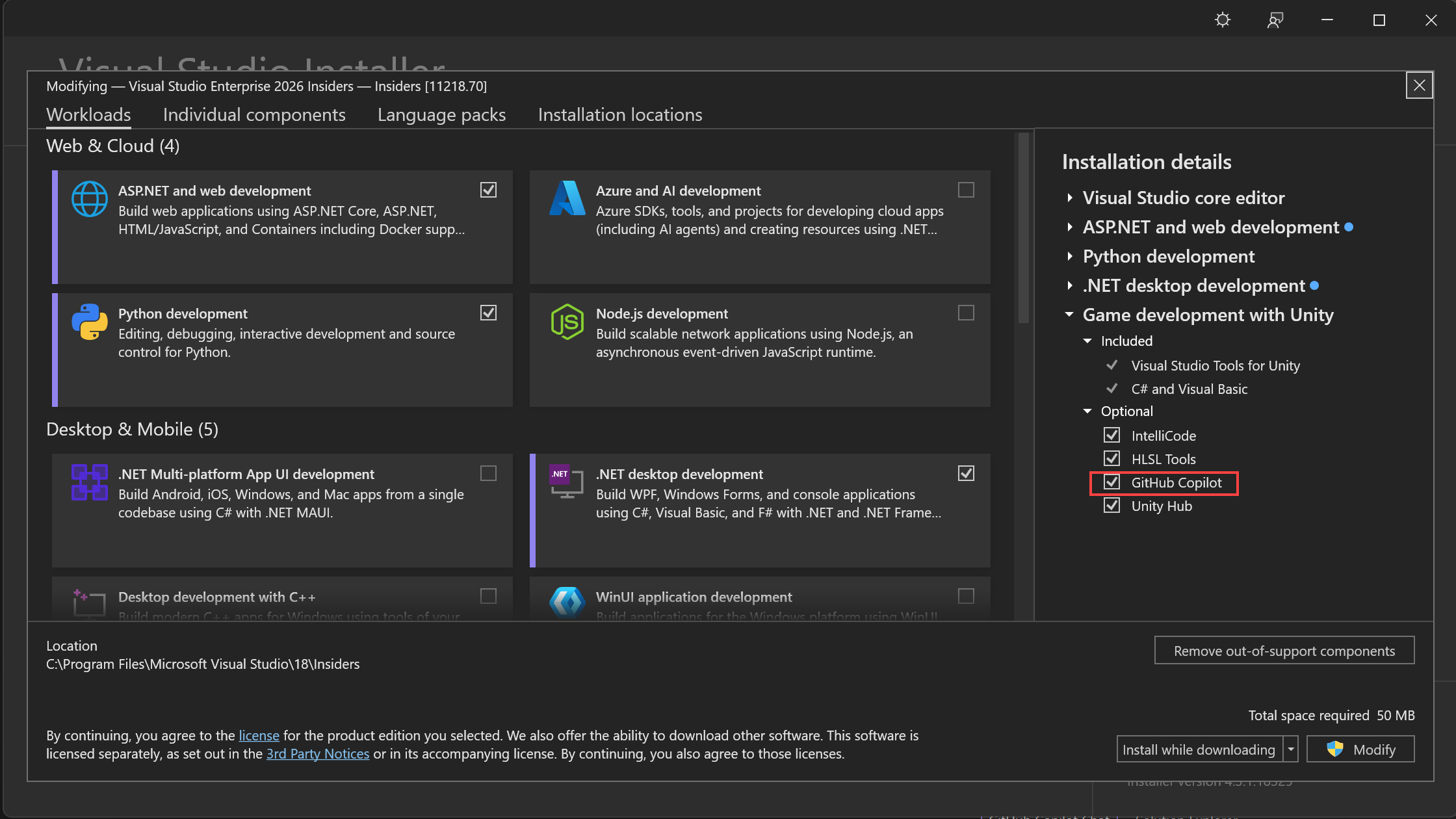 显示如何使用 Visual Studio 安装程序安装 GitHub Copilot 组件的屏幕截图。