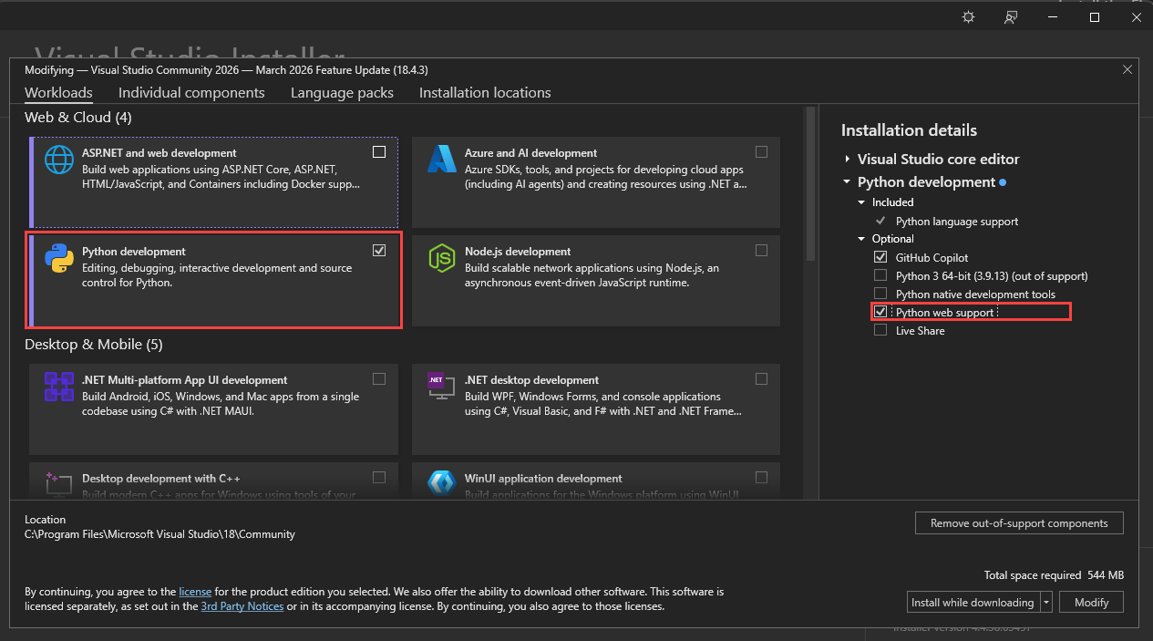 Visual Studio 安装程序的屏幕截图，其中选择了 Python 开发工作负载和 Python Web 支持。