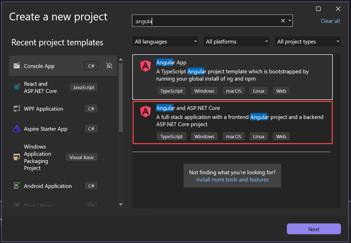 显示选择模板的屏幕截图。
