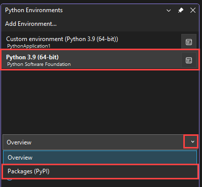显示如何为所选环境选择“包 PyPI”选项以查看已安装的包的屏幕截图。