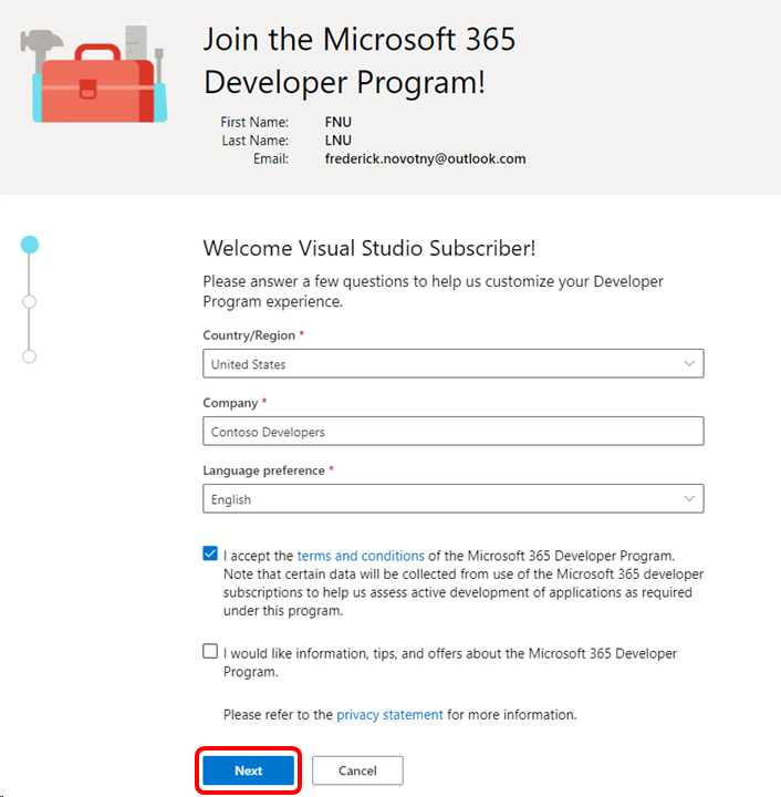 Microsoft 365 开发人员欢迎屏幕的