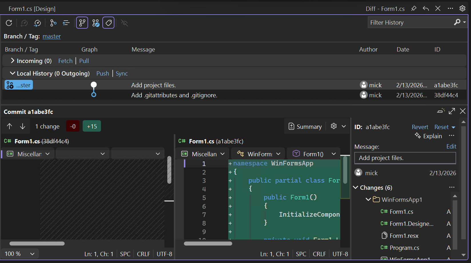 显示 Visual Studio 中的“提交详细信息”对话框的屏幕截图。