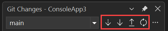 显示“Git 变更”窗口的屏幕截图，其中在 Visual Studio 中突出显示了“提取”、“拉取”、“推送”和“同步”按钮控件。