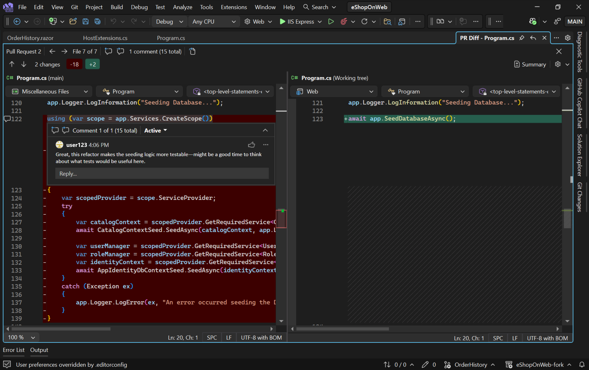 差异视图中的 PR 评论的屏幕截图。