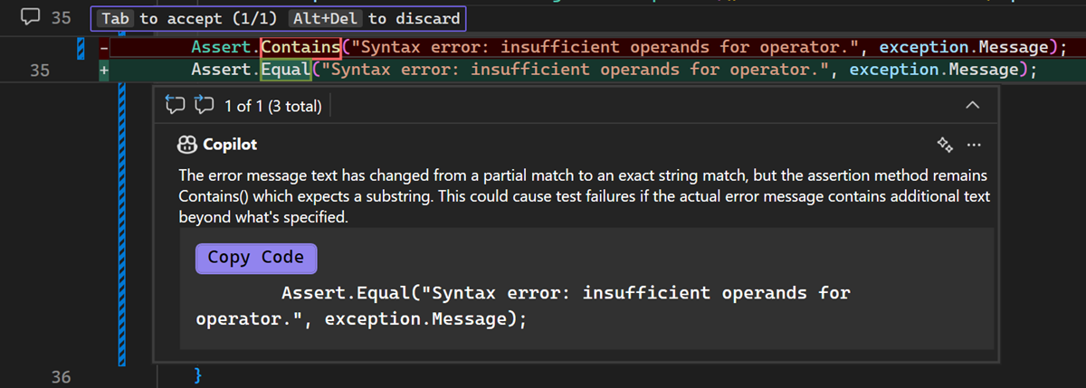 显示如何在 Visual Studio 中应用来自本地代码评审的 Copilot 代码建议的屏幕截图。