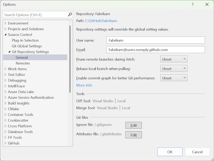 Visual Studio 中 Git 存储库设置的“常规”选项的屏幕截图。