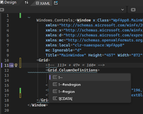 XAML 代码编辑器的屏幕截图，其中显示了 IntelliSense 中显示的 #region 选项。