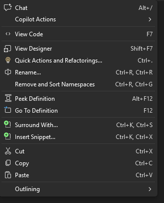 Visual Studio 中 XAML 代码编辑器右键单击上下文菜单的屏幕截图。