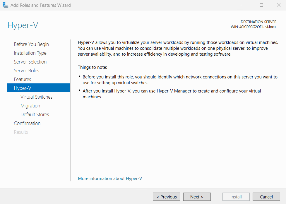 Hyper-V 安装设置的屏幕截图。