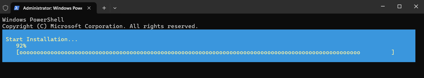 PowerShell 窗口的屏幕截图，其中显示了在 Windows Server 中安装 Hyper-V 的进度。