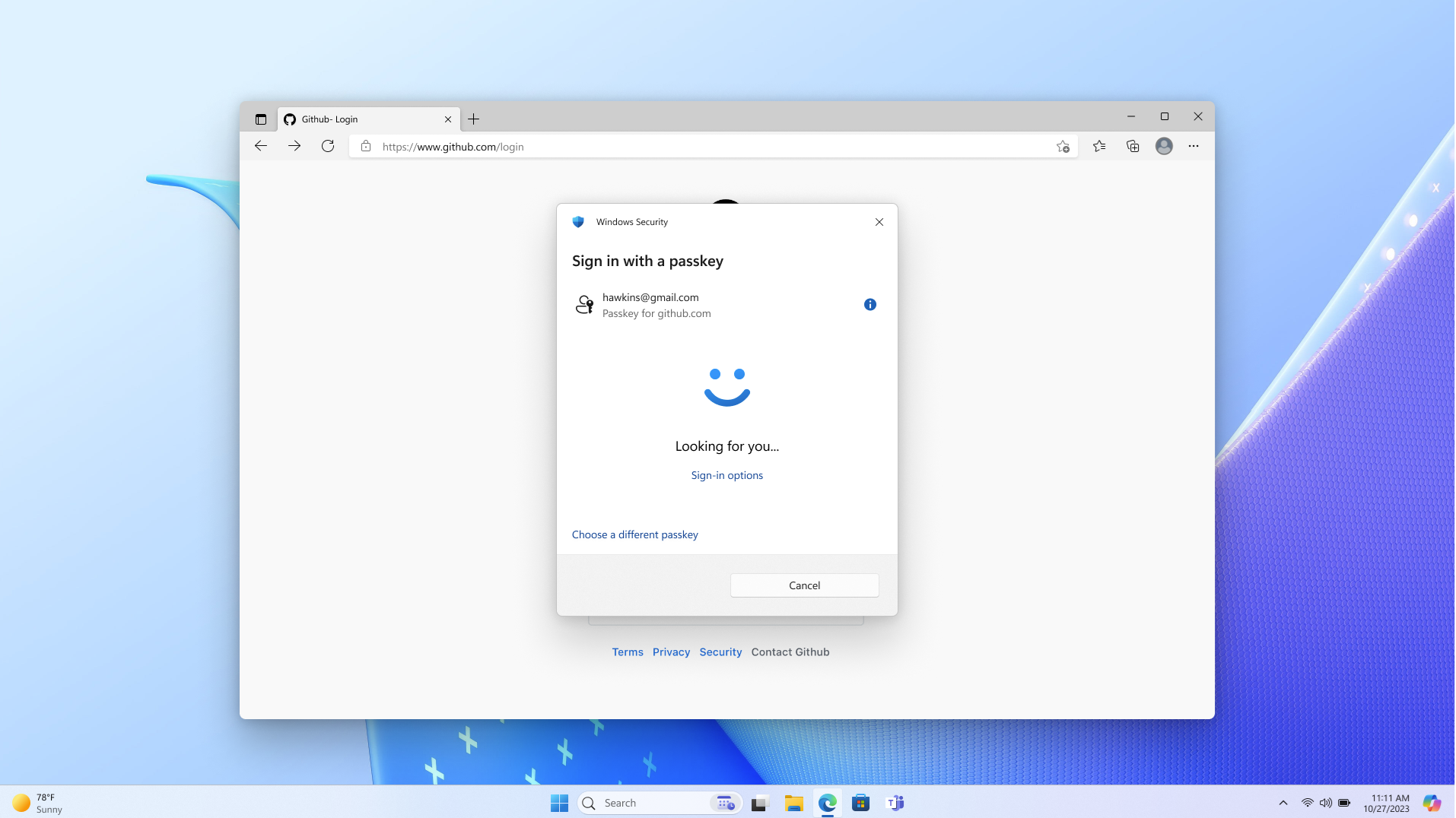带有锁屏的 Passkey 登录提示