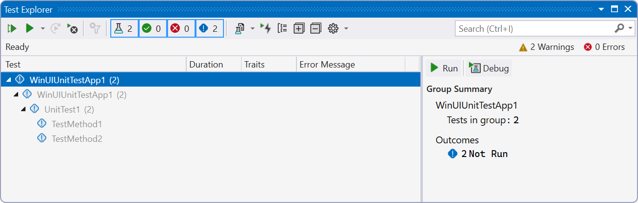 Visual Studio 中测试资源管理器窗口的截图，其中显示了默认的示例测试。